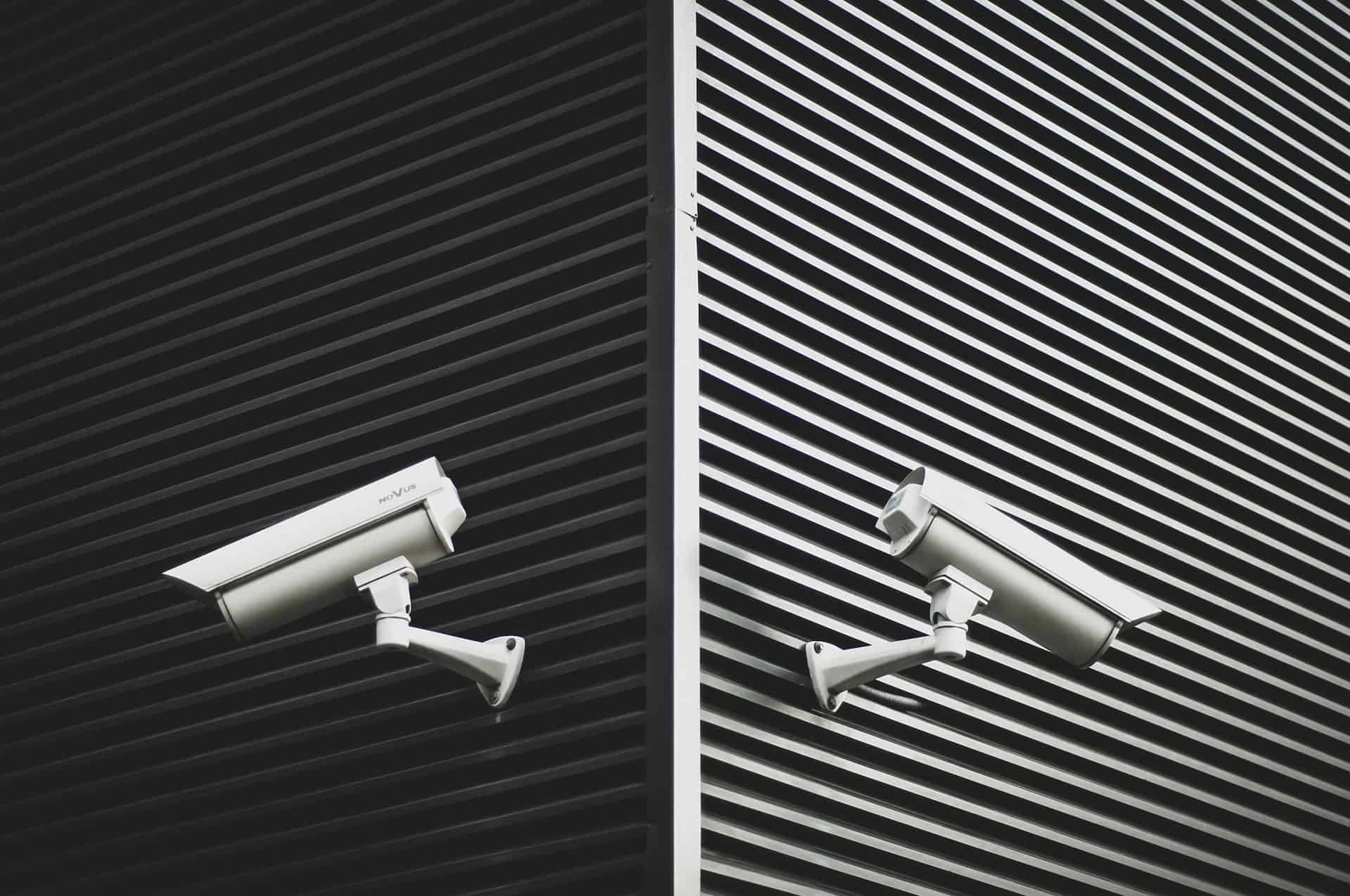 Two security cameras against a patterned background with diagonal lines, representing surveillance and privacy concerns, for the blog post 'Does Your Website Have a Privacy Policy?' by Wild Wattle Digital.